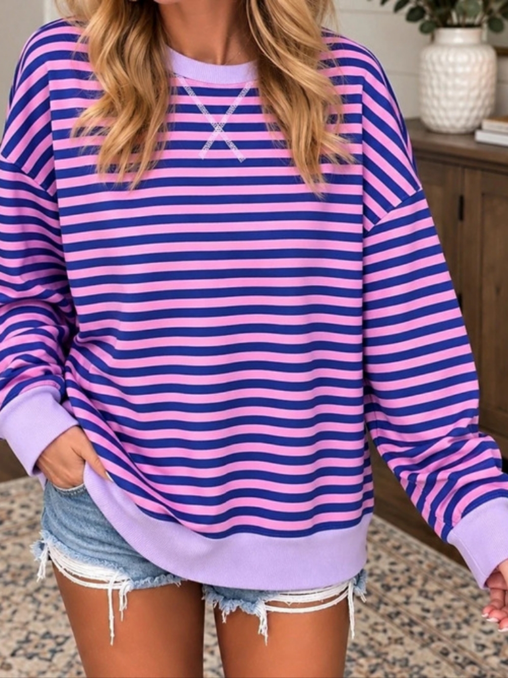 BTFBM Women's Striped Pullover Sweatshirt Long Sleeve Size M Y2K Casual Top